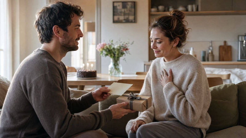 Partner überreicht seiner Partnerin ein persönliches Geburtstagsgeschenk mit Erinnerungen