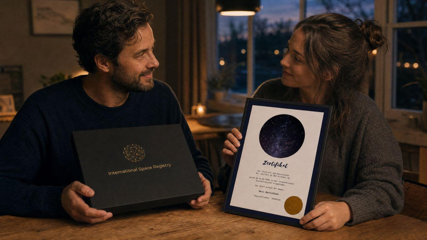 Galaxieregister Sterntaufe-Geschenkset beim gemeinsamen Auspacken