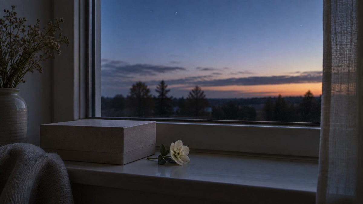 Schlichte Erinnerungsbox und weiße Blüte vor einem ruhigen Sternenhimmel