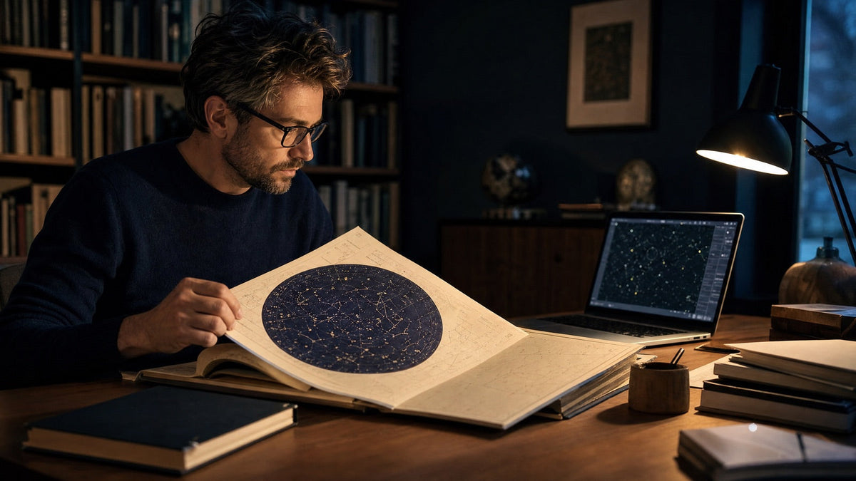 Person vergleicht Sternkarte und astronomische Datenbank für einen Sternregister-Überblick