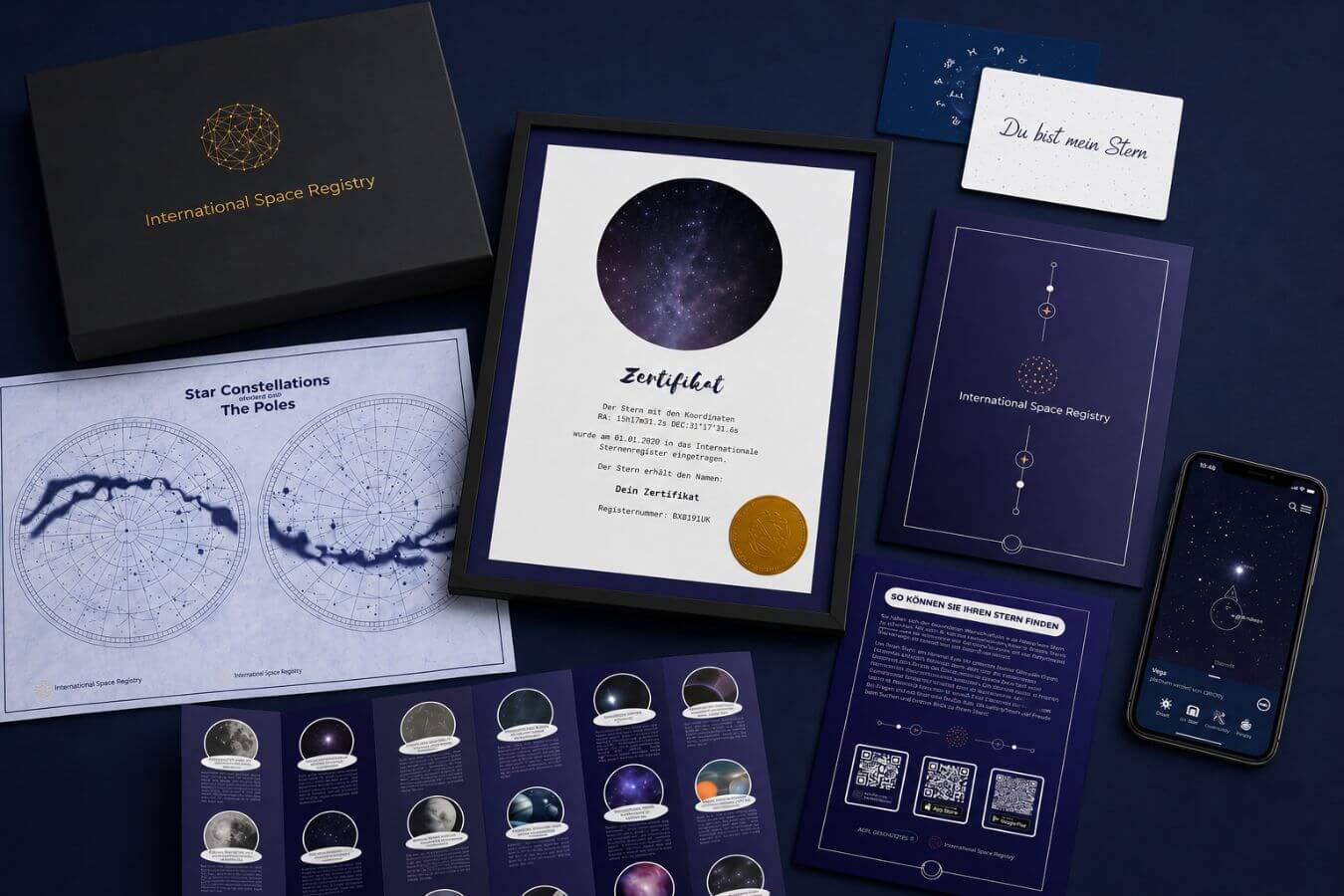 Sterntaufe Geschenkset mit Zertifikat, Sternkarte und Universe Star Finder App