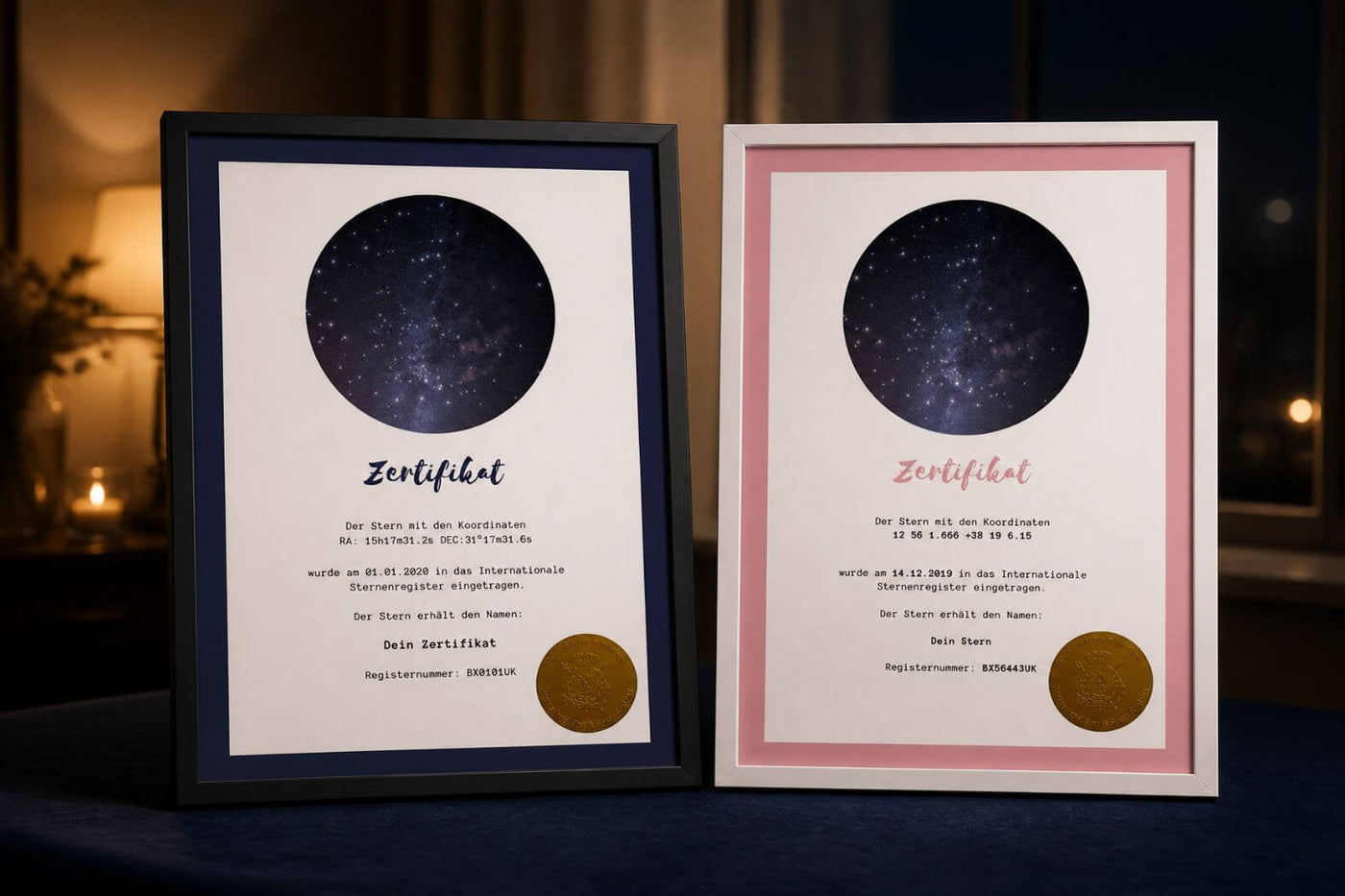 Zwei Galaxieregister-Urkunden für eine Duonova Doppelstern-Sterntaufe