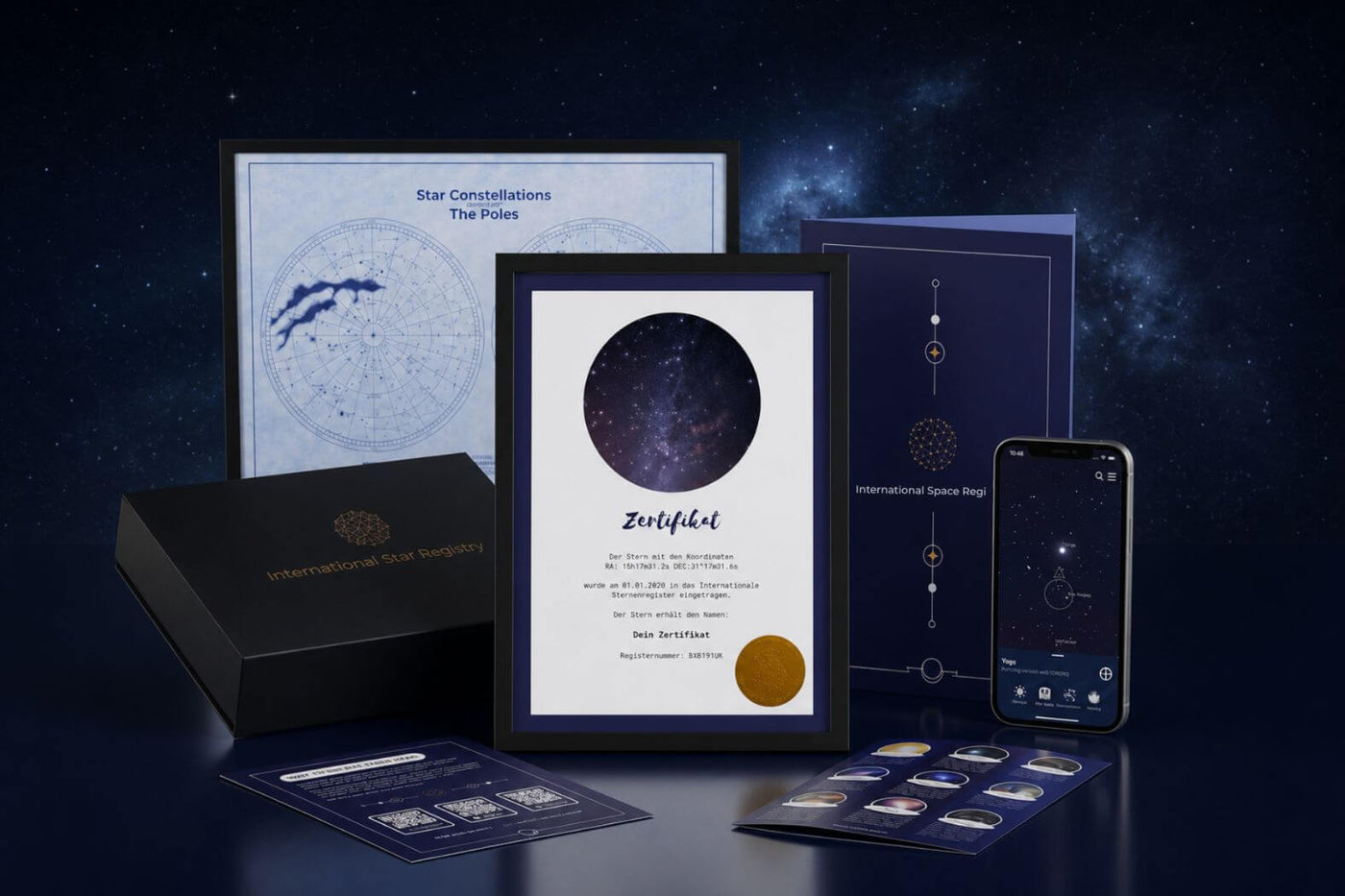 Galaxieregister Sterntaufe-Geschenkset mit Zertifikat, geschlossener Box, Sternkarte und App