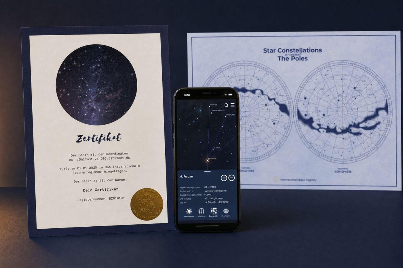 Galaxieregister Zertifikat, Registereintrag und Sternhimmelposter zur Sternauswahl