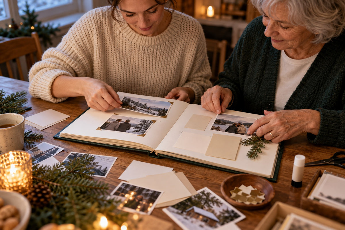 Familie gestaltet bei Kerzenlicht ein persönliches Erinnerungsbuch zu Weihnachten