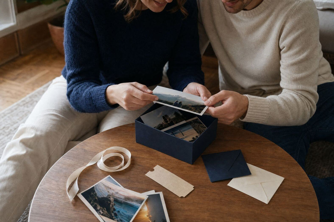 Paar betrachtet gemeinsam Fotos und Erinnerungen aus einer persönlichen Geburtstagsbox